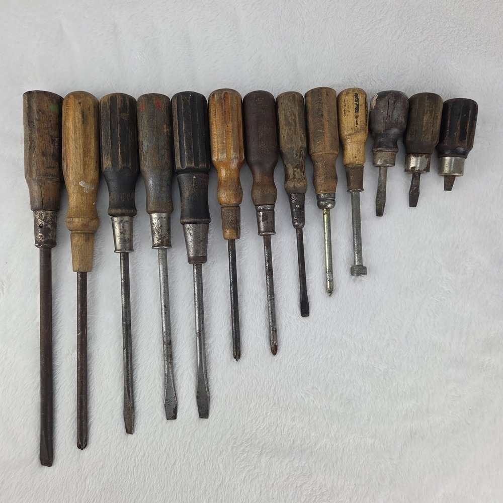 Vintage Wood Handle Screwdriver Lot 13pc Phillips Flat Slotted Hand Tools